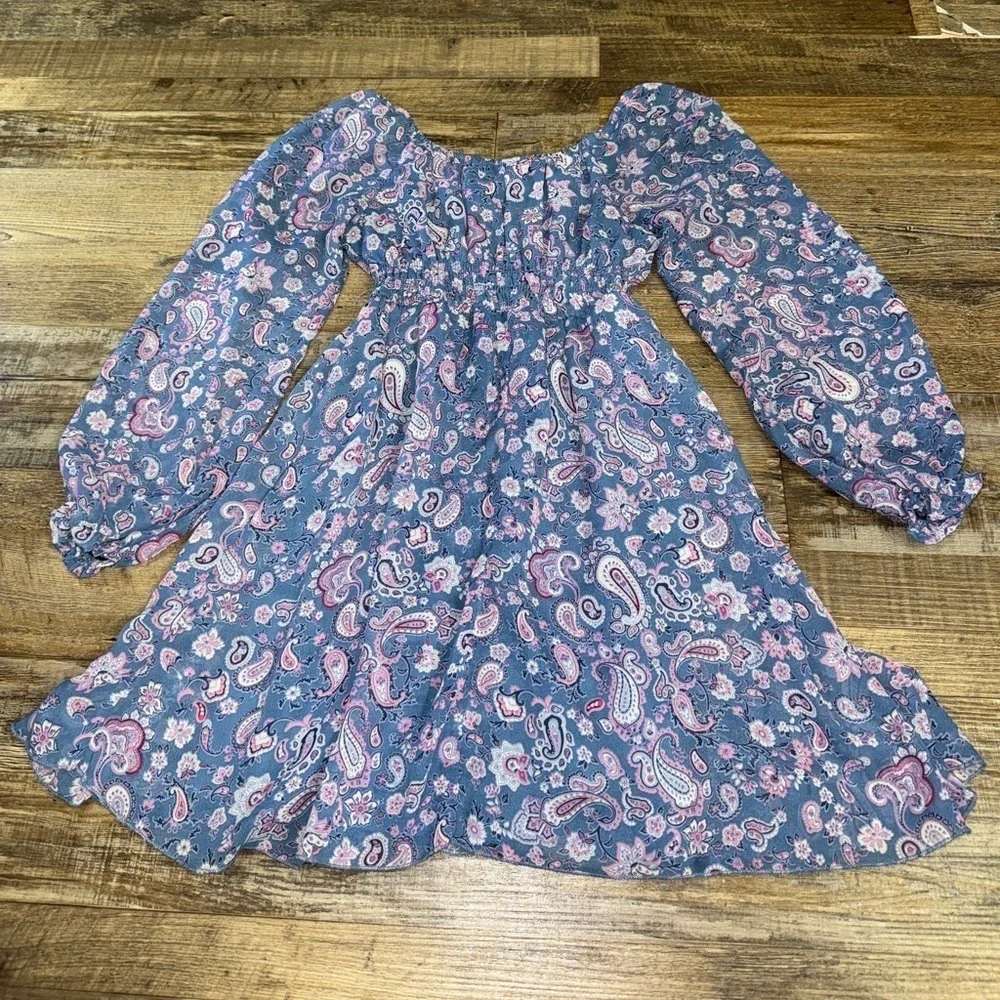 Girls Franki by Francesca's Blue Paisley Smocked Boho Dress Size M Long Sleeve